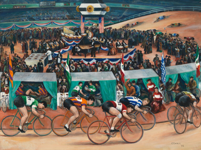 Five cyclists race intensely on an indoor track with crowded spectators and a band in the background.