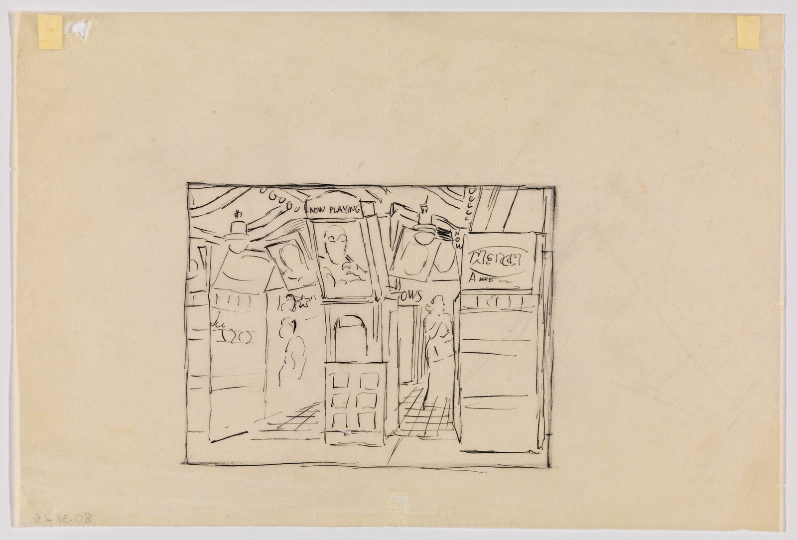 A pen sketch shows a small theater entrance with a "Now Playing" sign and figures inside.