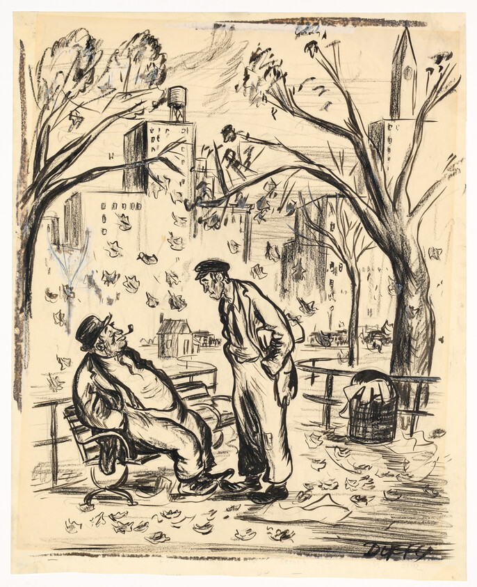 Two men talk in a leaf-strewn park, one sitting and smoking while the other leans forward.