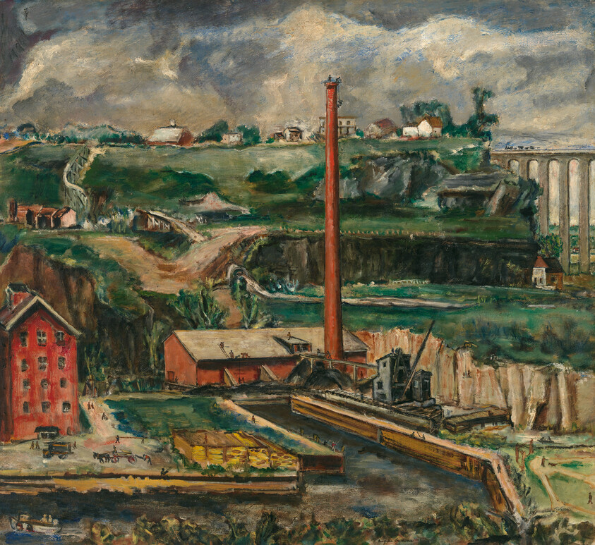 A tall red smokestack rises over a riverside factory complex with docks and surrounding hills.