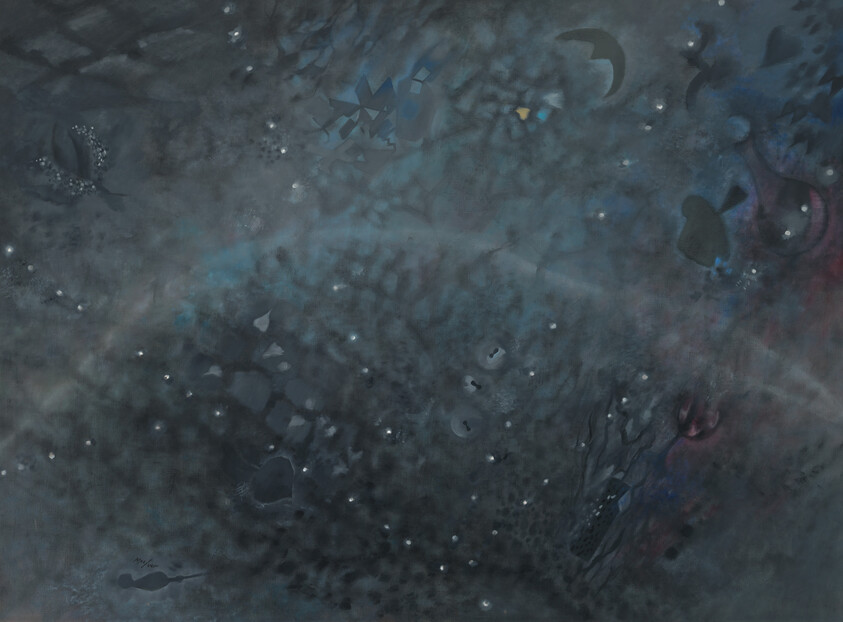 A dark, cloudy abstract scene with scattered small white star-like dots and subtle blue shapes.
