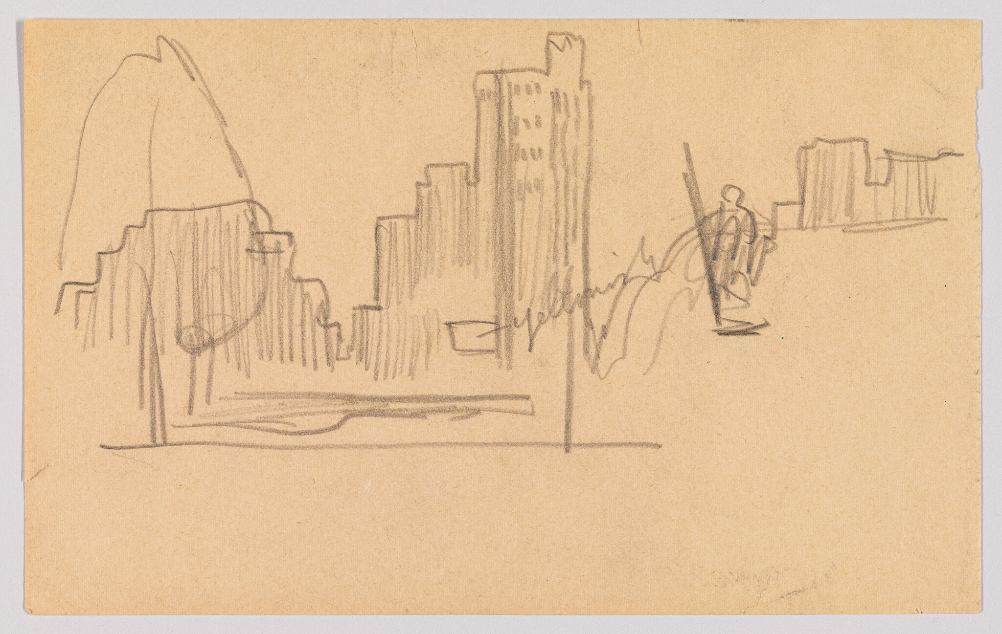 A rough pencil sketch on tan paper depicting a cityscape with various building outlines and a figure holding a spear in the foreground to the right. The drawing is simplistic with minimal detail, and there are visible erasure marks.