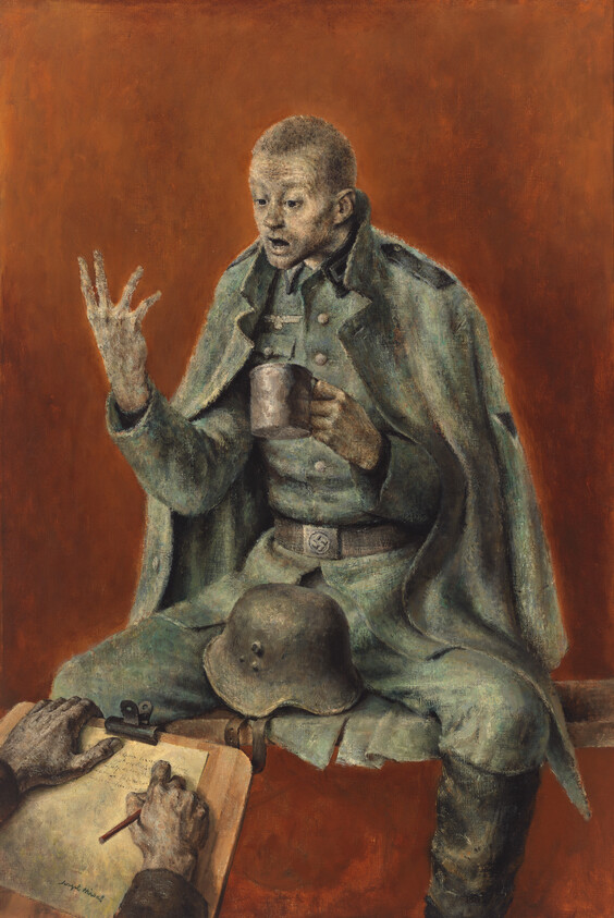 A weary soldier counts on his fingers while holding a mug, his helmet resting on his lap.