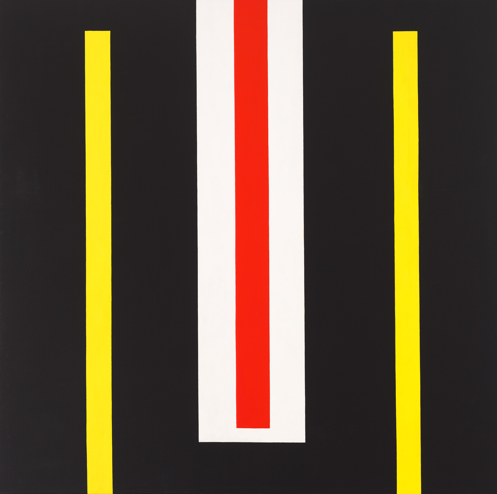 A minimalist abstract painting featuring a black background with two vertical yellow stripes on the sides and a central vertical white stripe with a red stripe in the middle.