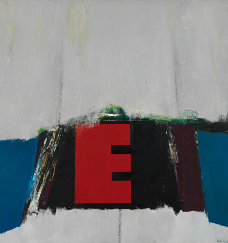 An abstract painting with a bold red letter E centered on a black rectangle.