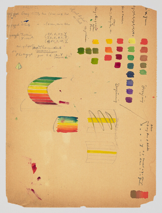 A paper sheet with colorful paint swatches, rainbow stripe studies, and handwritten notes.