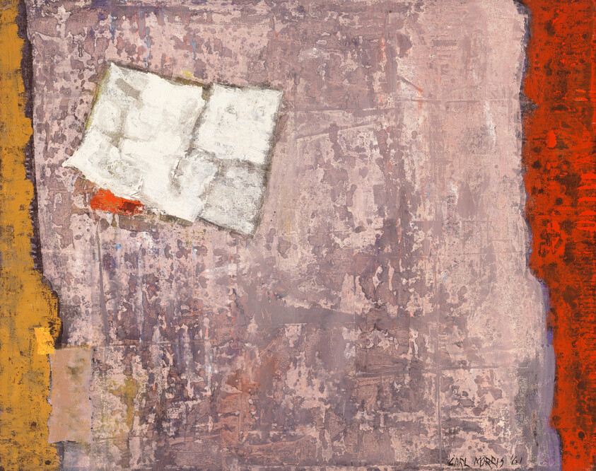 Textured mauve painting with a white folded-paper shape near the top left and colored side bands.