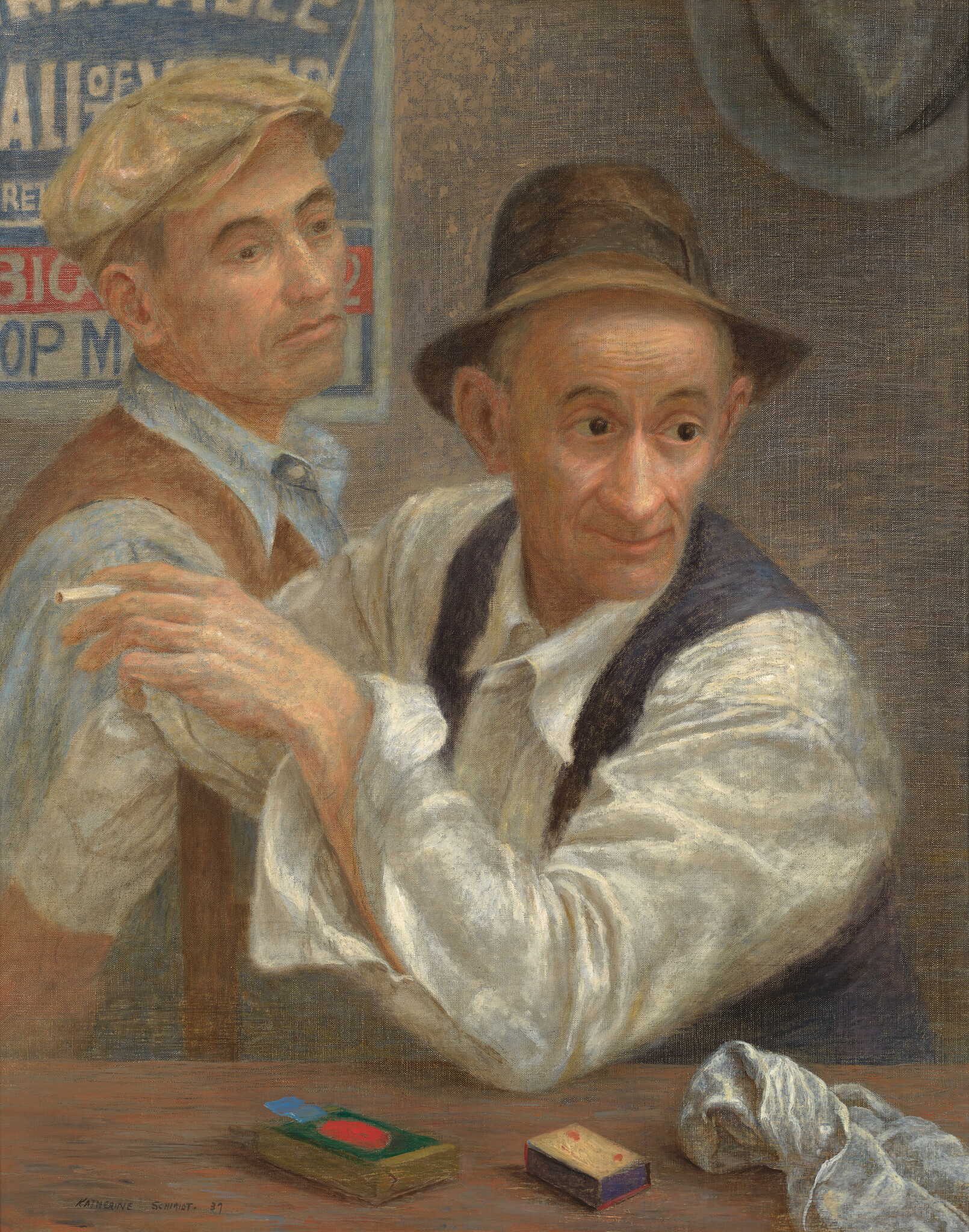 An older man in a hat leans on the bar holding a cigarette, with another man nearby.