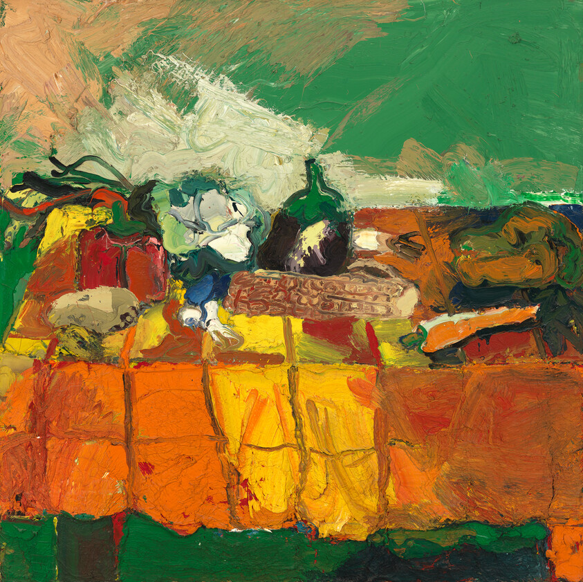 A colorful still life shows vegetables and a bottle on a yellow and orange checkered tablecloth.