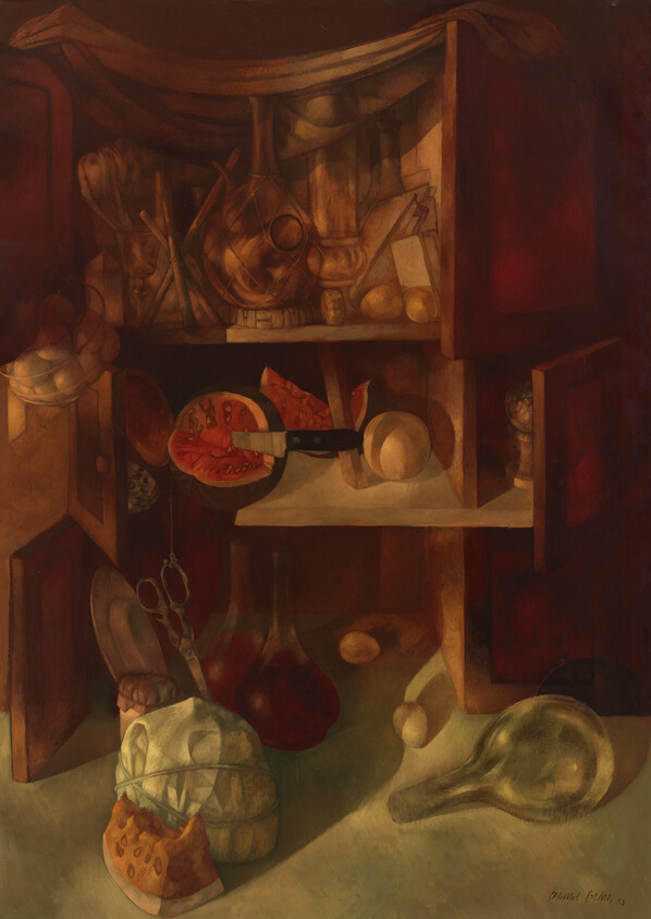 A dim still life of a cluttered wooden cupboard with sliced melon, a knife, eggs, cheese, and glass bottles.