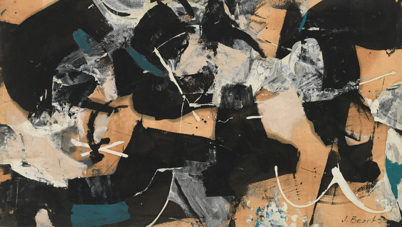 Large abstract painting with bold black and tan brushstrokes and white and teal paint accents.