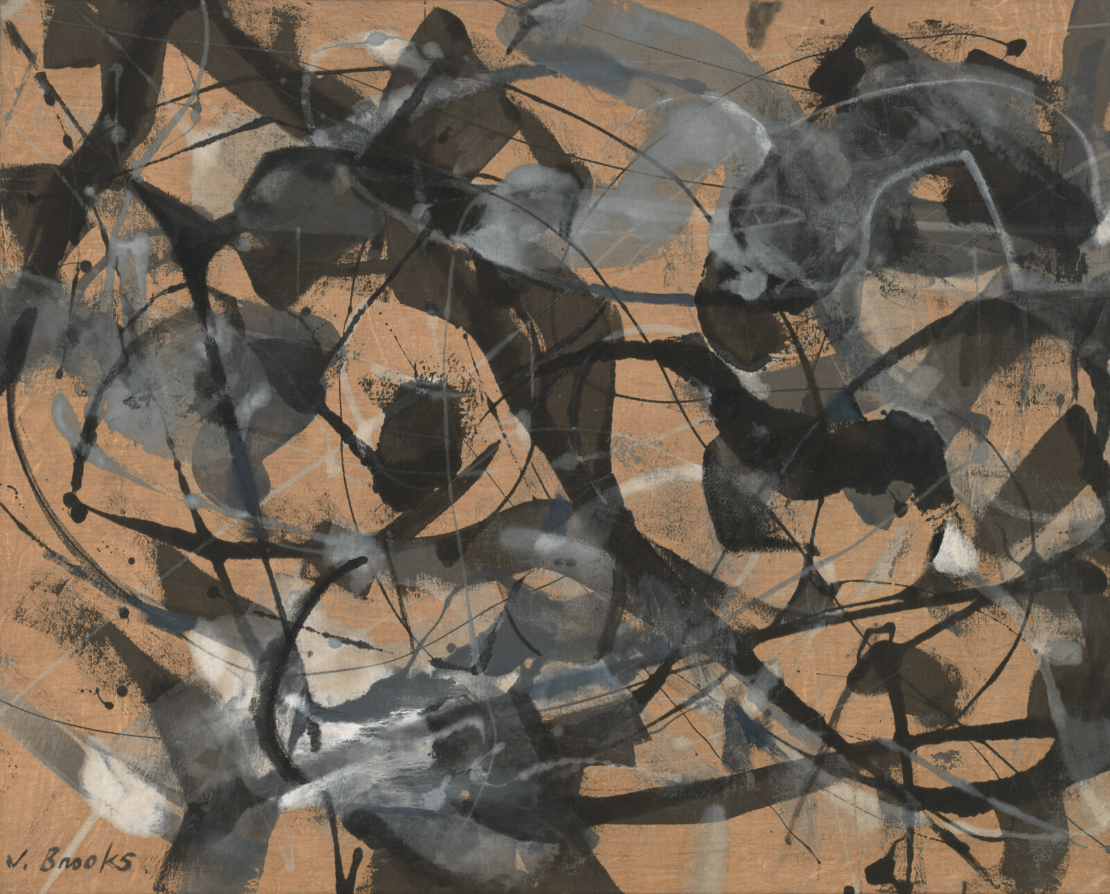 An abstract expressionist painting featuring a chaotic tangle of black and gray brushstrokes on a brown background, suggesting movement and energy. The artist's signature is visible in the corner.