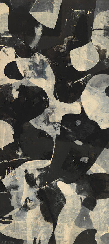 Abstract composition of overlapping black and white organic shapes with textured paint marks.