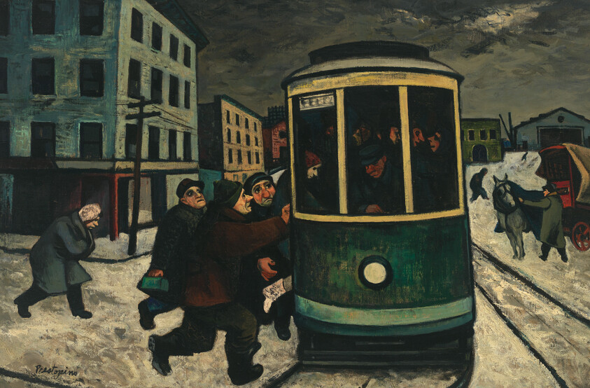 Several people push to board a crowded green streetcar on a snowy city street.