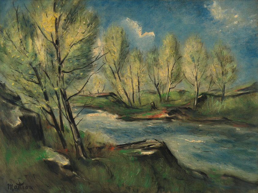 A calm river winds through green banks lined with tall leafy trees under a blue sky.