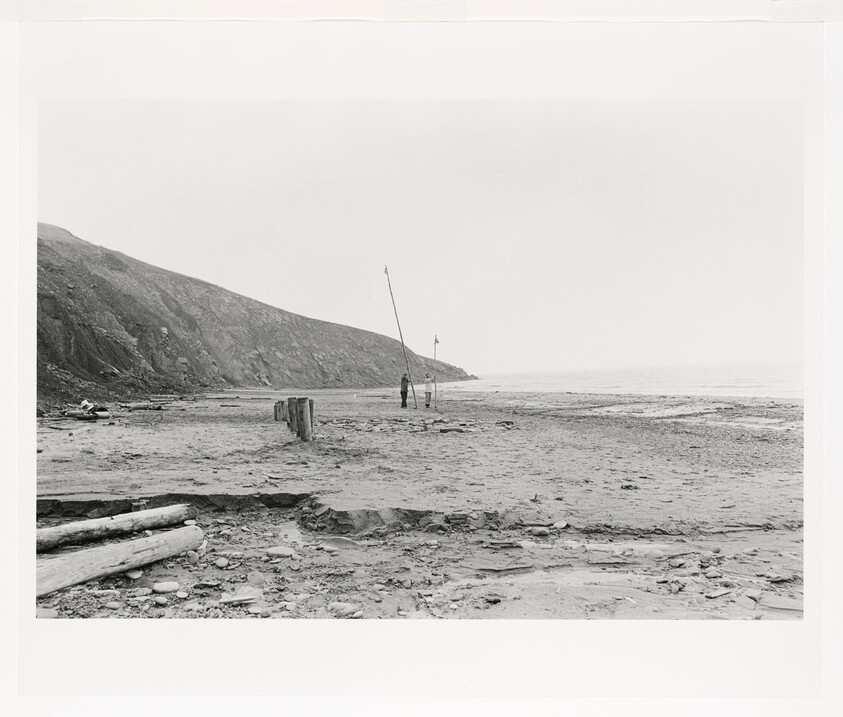 Two people stand beside a tall fishing pole on a wide empty beach near rocky cliffs.