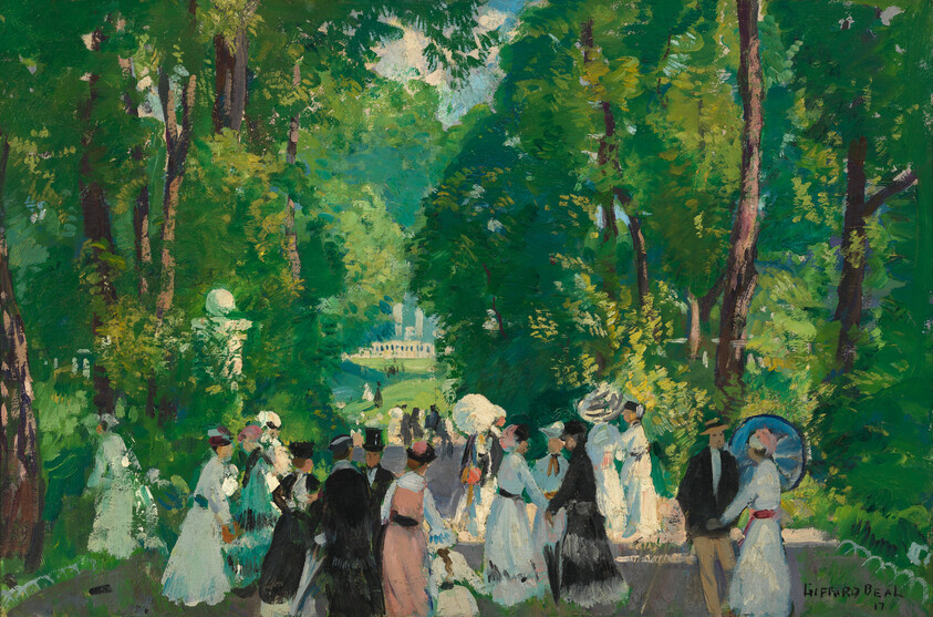 Well-dressed men, women, and children stroll along a sunlit tree-lined park pathway.
