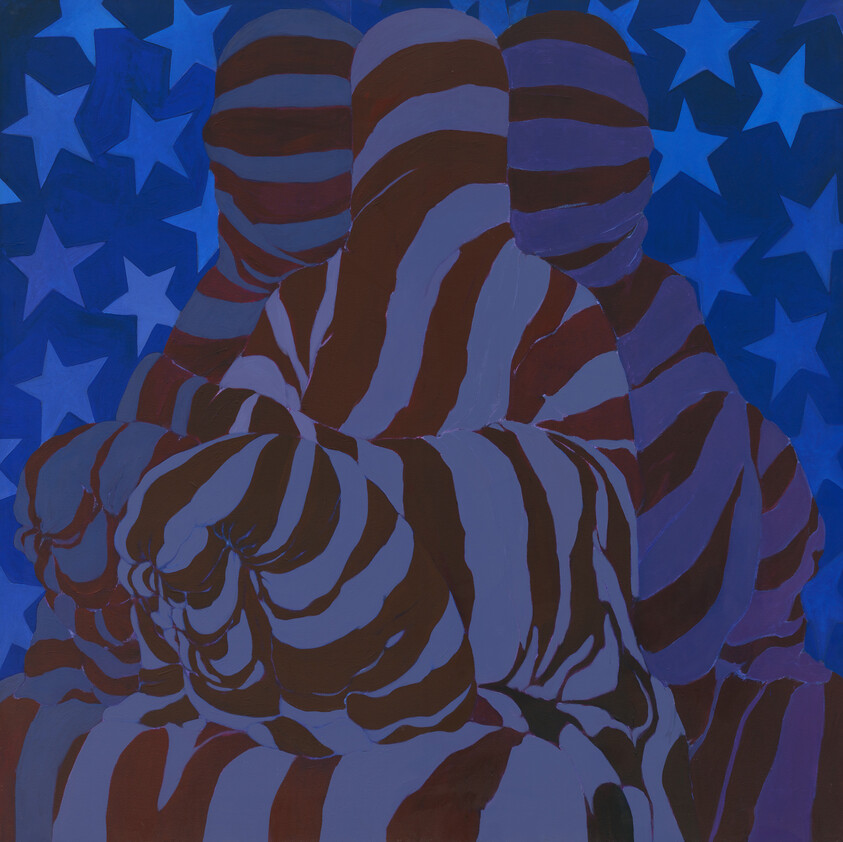 Three figures wrapped in red and blue stripes sit closely against a blue star-patterned background.