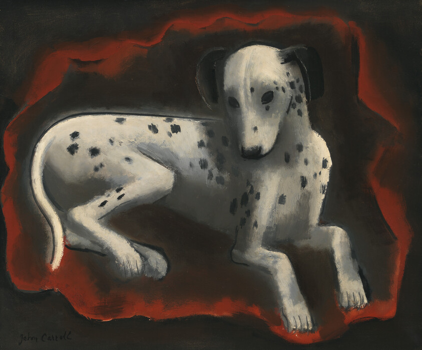 A painting of a Dalmatian dog lying down with a dark, moody background in shades of black and red. The dog's spots are prominently featured, and the artist's signature is visible in the lower right corner.
