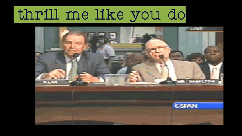 Two men testify at a congressional hearing with the caption "thrill me like you do" displayed above.