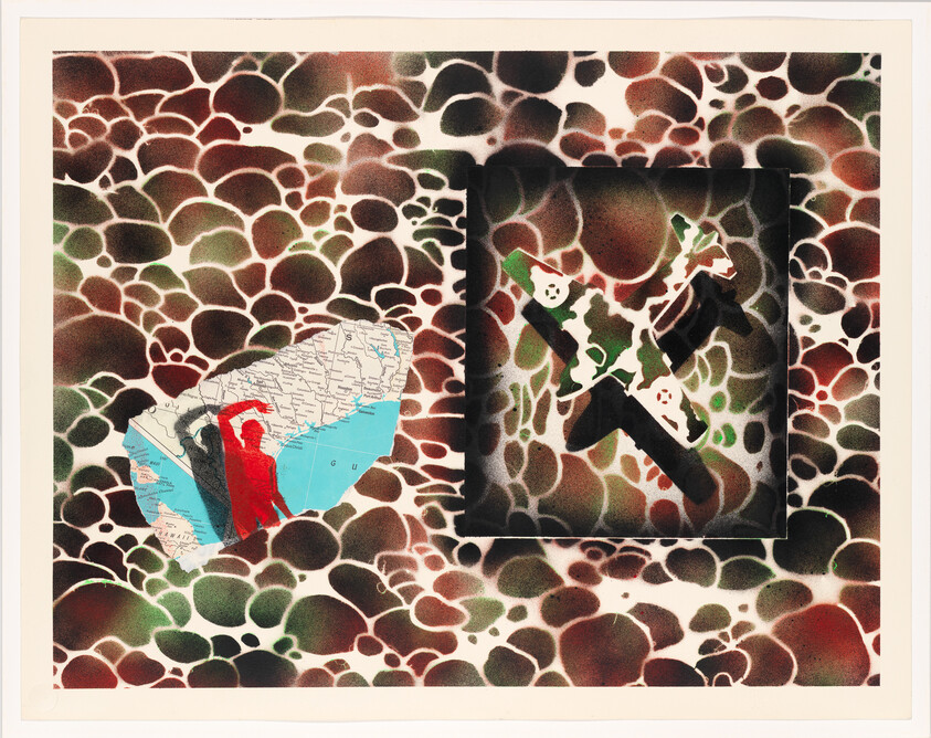 A patterned background with torn map and red silhouette beside a framed camouflage airplane.