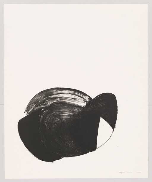 Large abstract black brushstroke forms curved, overlapping shape at the bottom of a white page.