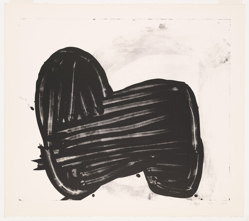 Large abstract black brushstroke with horizontal streaks dominates a white background.