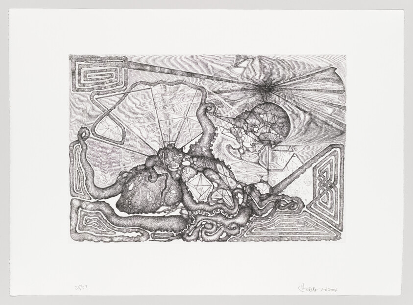 An octopus-like creature entwined with geometric shapes and a web-like sphere in a detailed black-and-white drawing.