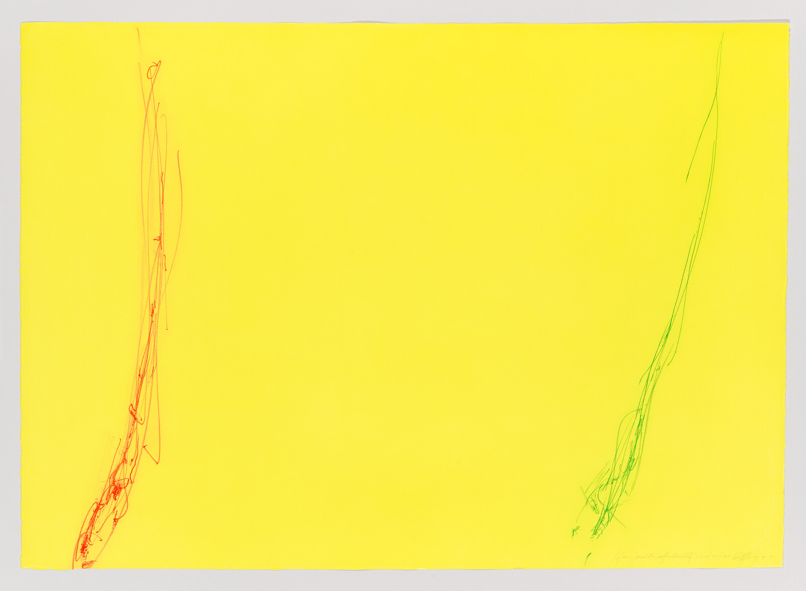 Large yellow sheet with thin red scribble along left edge and green scribble on right.