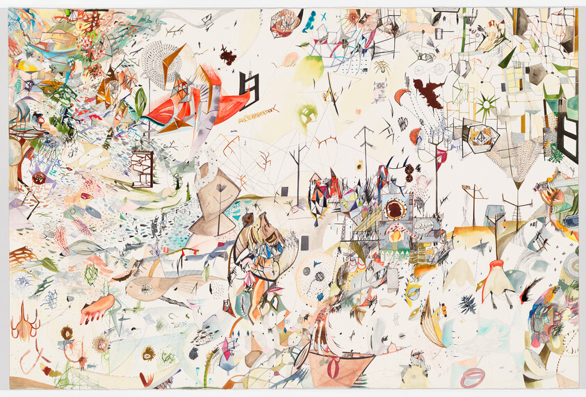 Large abstract mixed-media composition with colorful geometric shapes, doodles, and scattered organic forms.