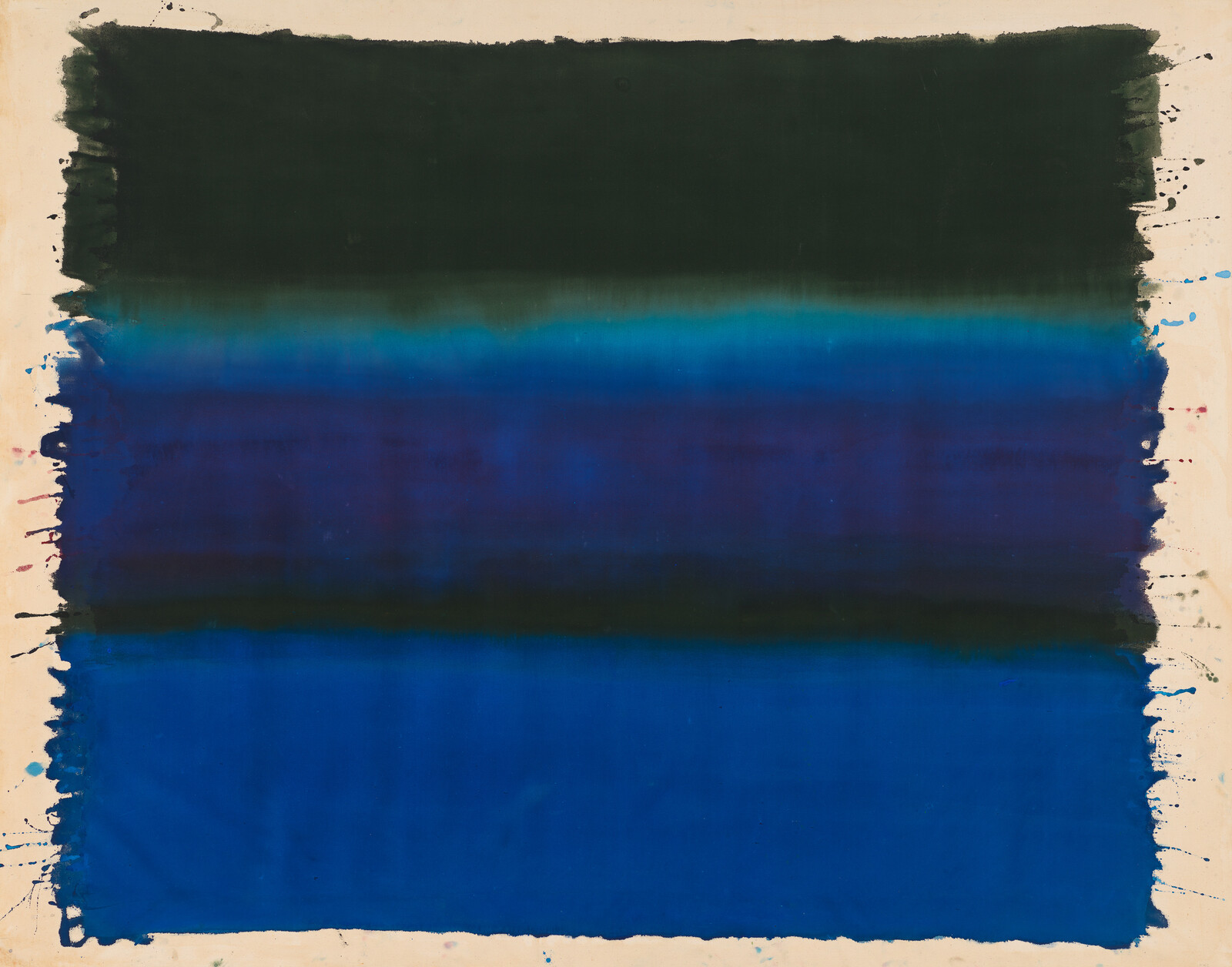 Abstract painting with broad horizontal bands of deep blue and dark green and paint drips.