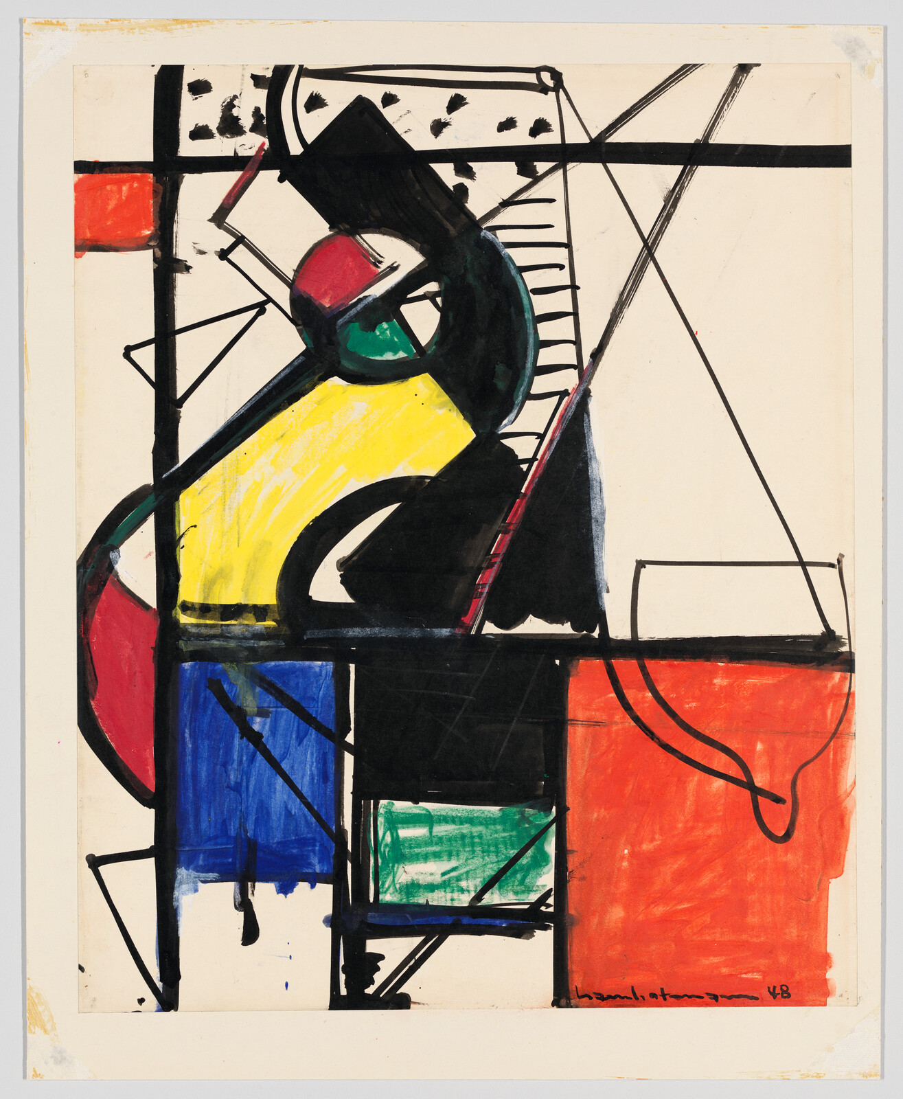 Abstract painting with bold black lines and bright color blocks in yellow, blue, green, and red.