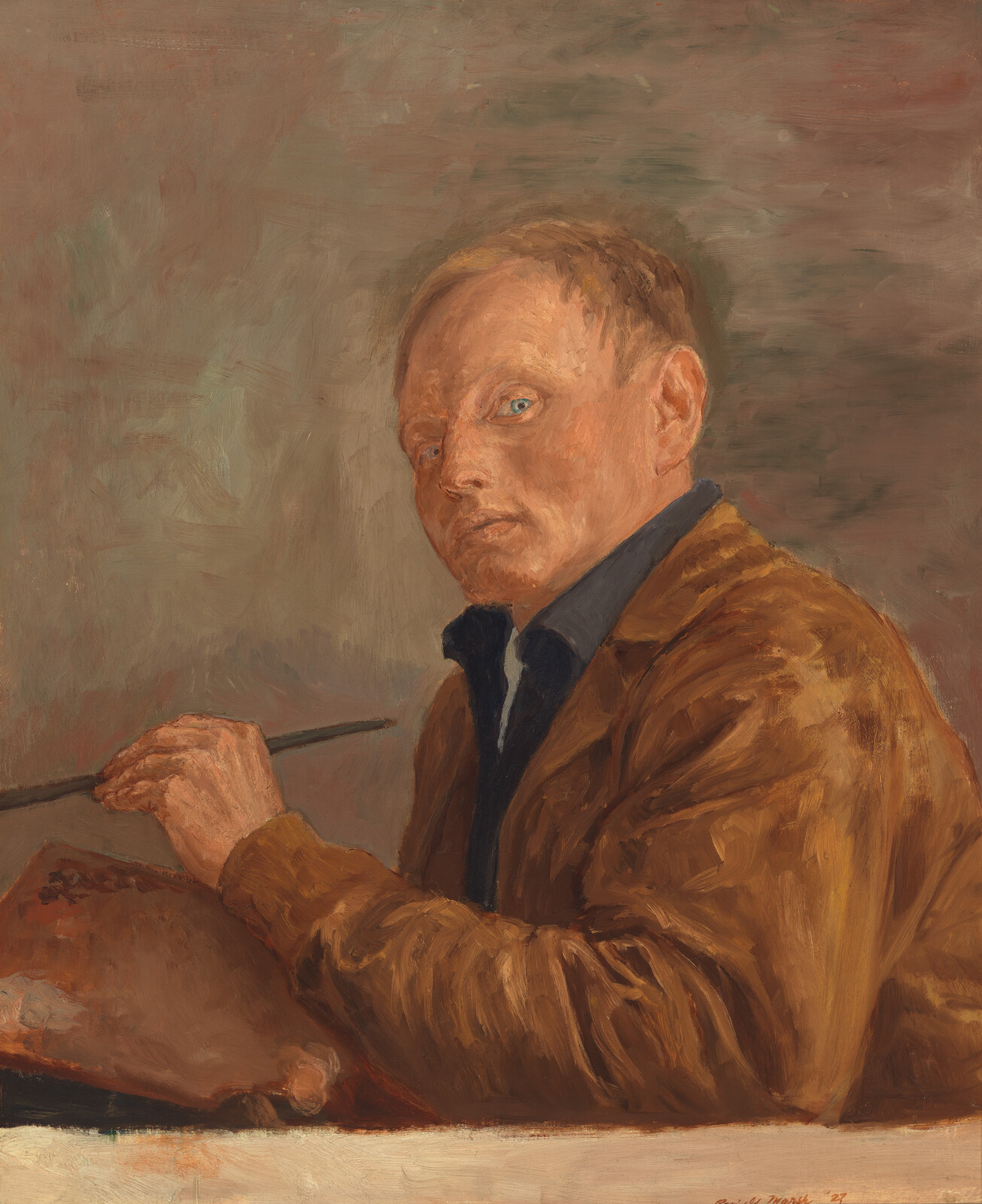 A male painter in a brown jacket holds a brush and palette while looking toward the viewer.