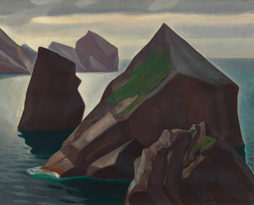 Large rocky sea stacks with patches of green moss under a cloudy sky.