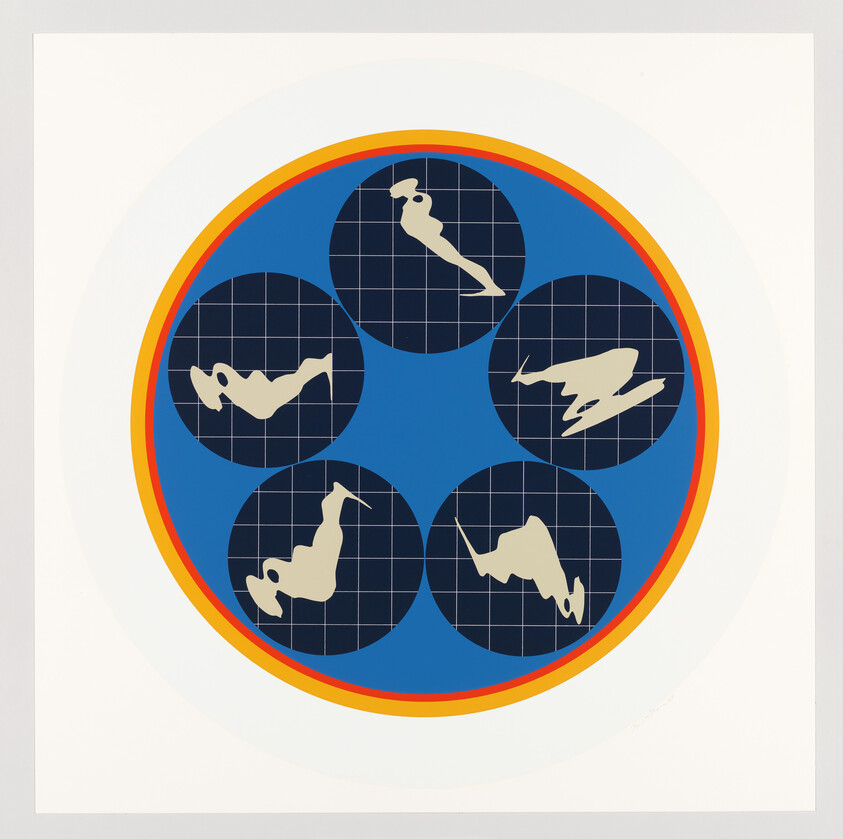 Circular graphic with five dark grid discs showing cream silhouettes of divers in various positions.