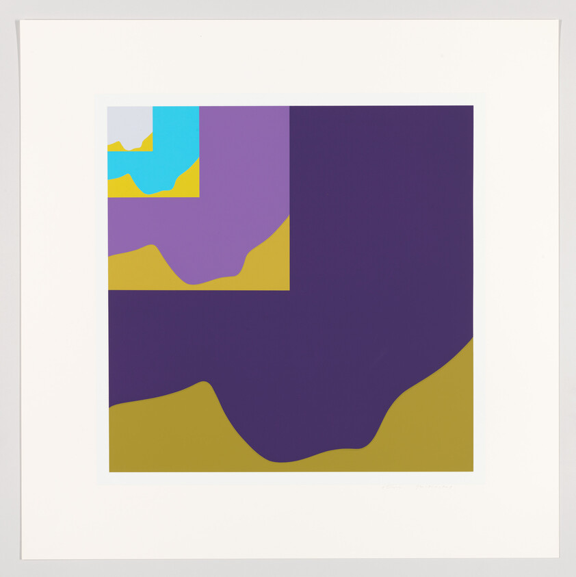 Abstract square artwork with nested blocks of purple, gold, teal, and light blue shapes.