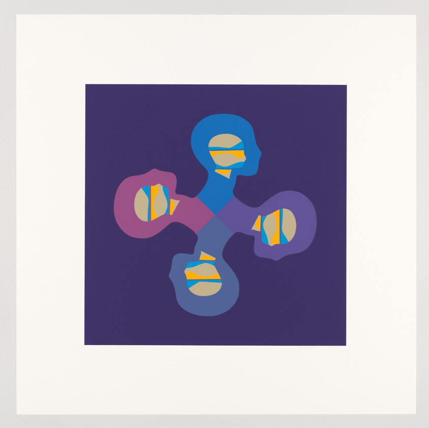 Four colorful abstract human profiles connected in a symmetrical cross against a dark purple square background.