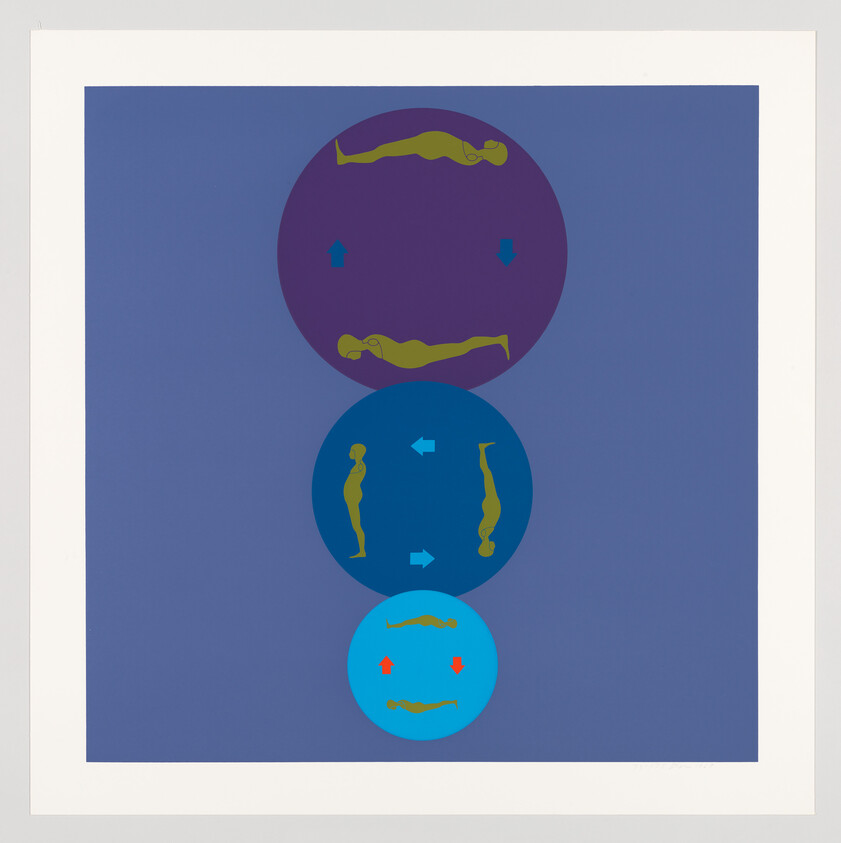 Three stacked colored circles show reclining and standing human silhouettes with directional arrows.