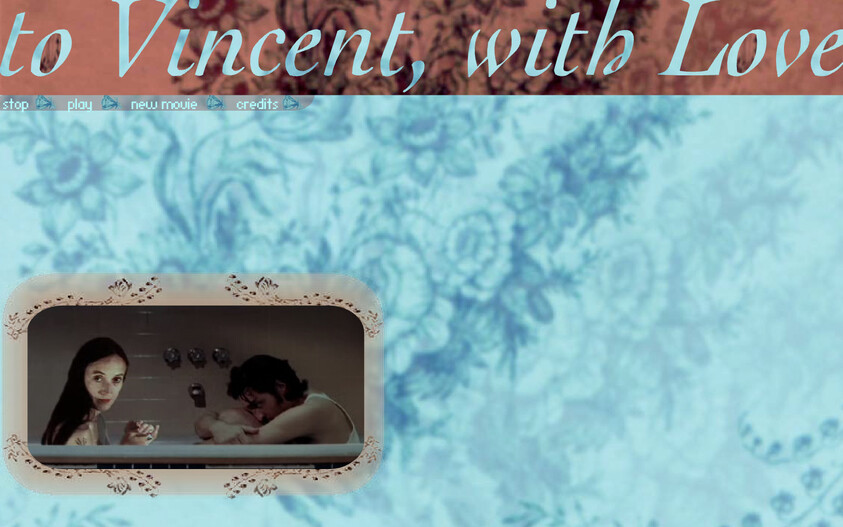 Decorative text "To Vincent, with Love" over floral background; inset shows two people in a bathtub, one looking at the camera.