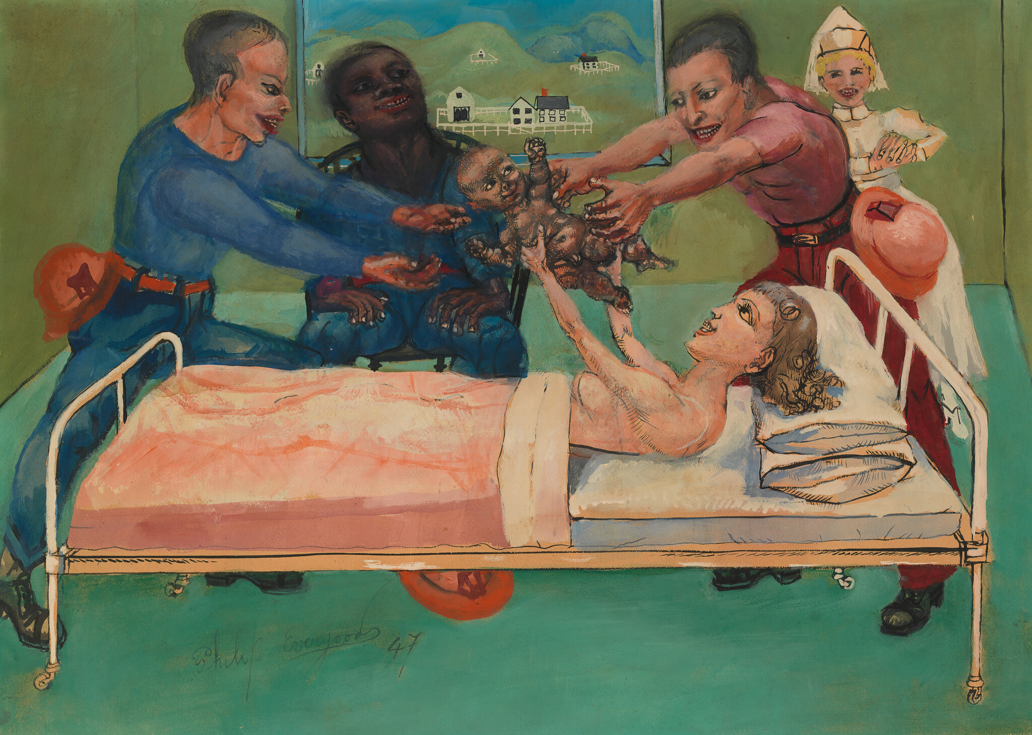 New mother in a bed joyfully reaches for her newborn as three attendants hand the baby to her.