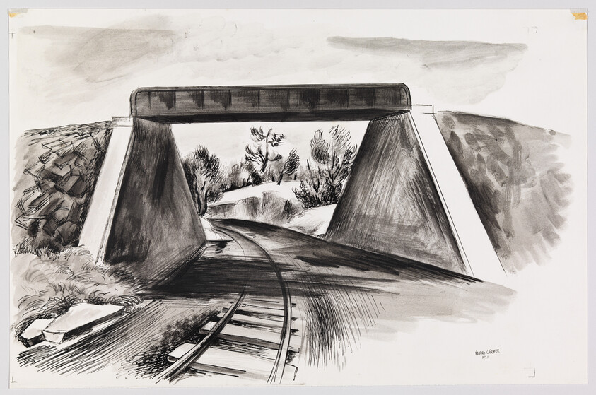 Railroad tracks curve under a concrete bridge with trees visible beyond the tunnel.