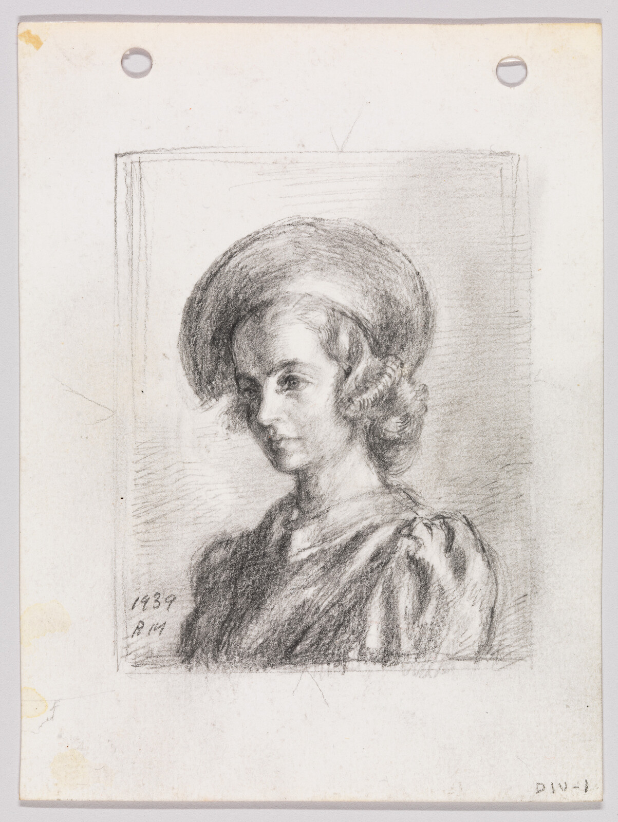 A charcoal portrait of a woman wearing a wide-brimmed hat and looking slightly downward.