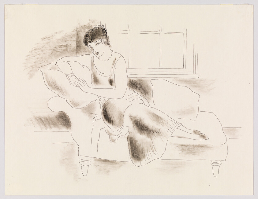 A woman in a dress reclines on a couch, resting her arms on a pillow.