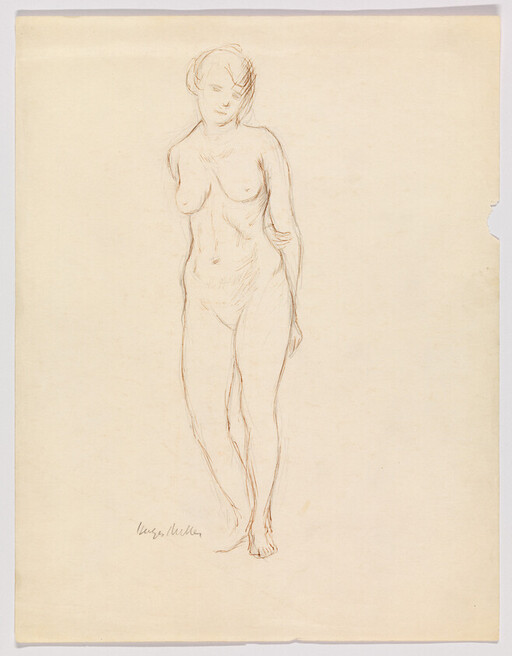 A pencil sketch of a standing nude woman with a relaxed, slightly turned posture.
