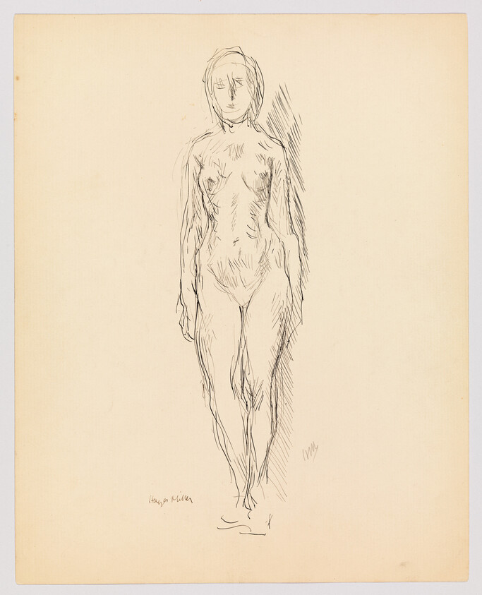 A simple ink sketch of a standing nude woman facing forward on blank paper.