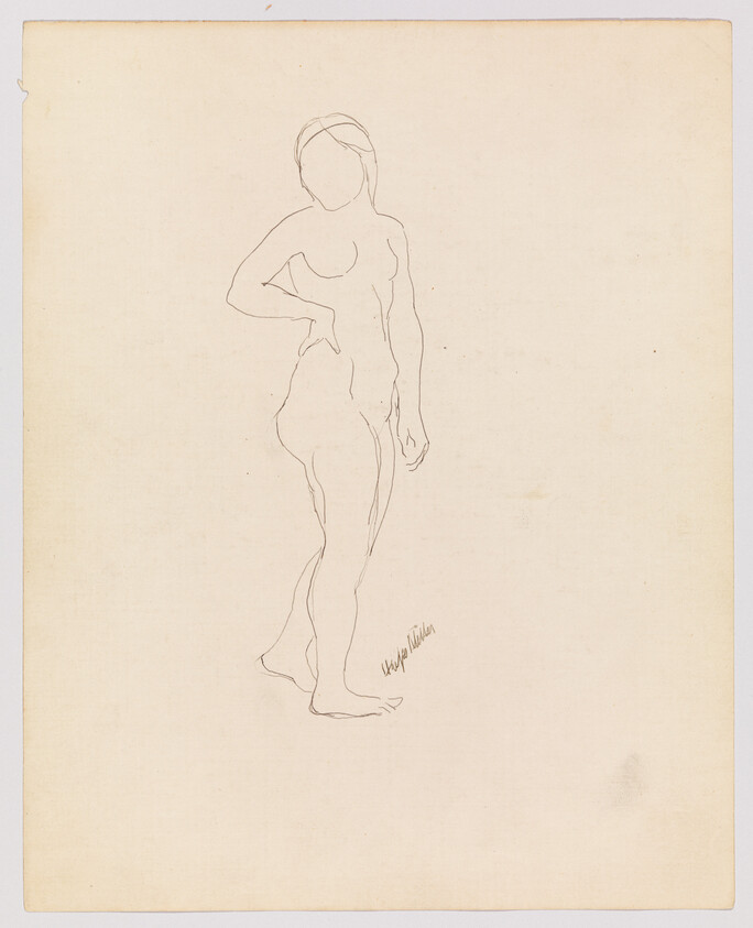 A simple pencil line drawing of a standing nude woman with one hand on her hip.
