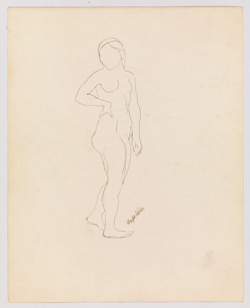 A simple pencil line drawing of a standing nude woman with one hand on her hip.
