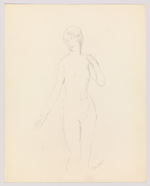 A faint pencil sketch of a standing nude woman with one hand at her shoulder and the other extended.