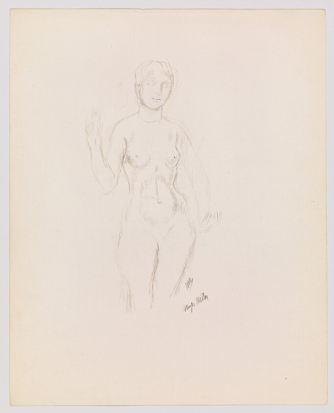 Light pencil sketch of a standing nude woman with one hand raised.