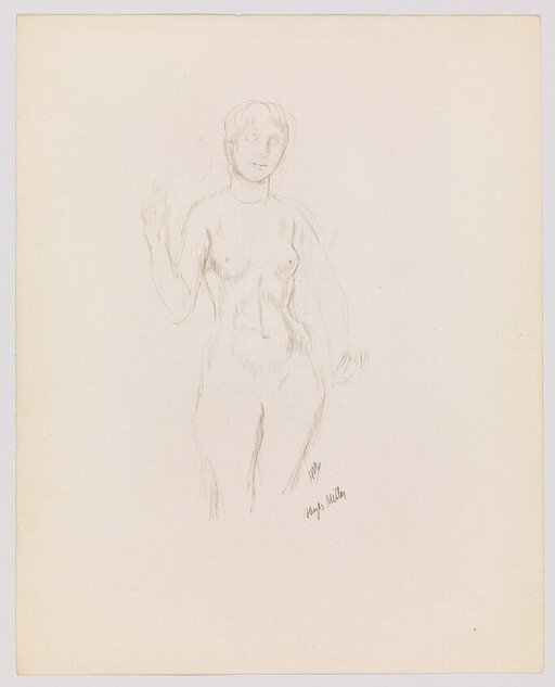 Light pencil sketch of a standing nude woman with one hand raised.
